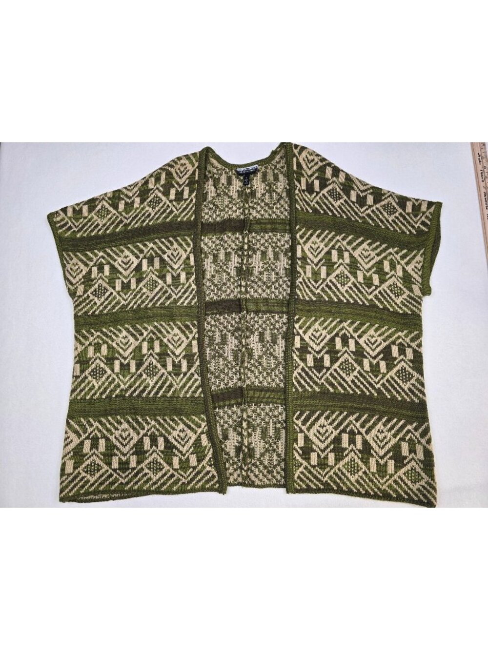 Allison Brittney Womens Green Sweater Geometric Open Front Cardigan L Boho Aztec